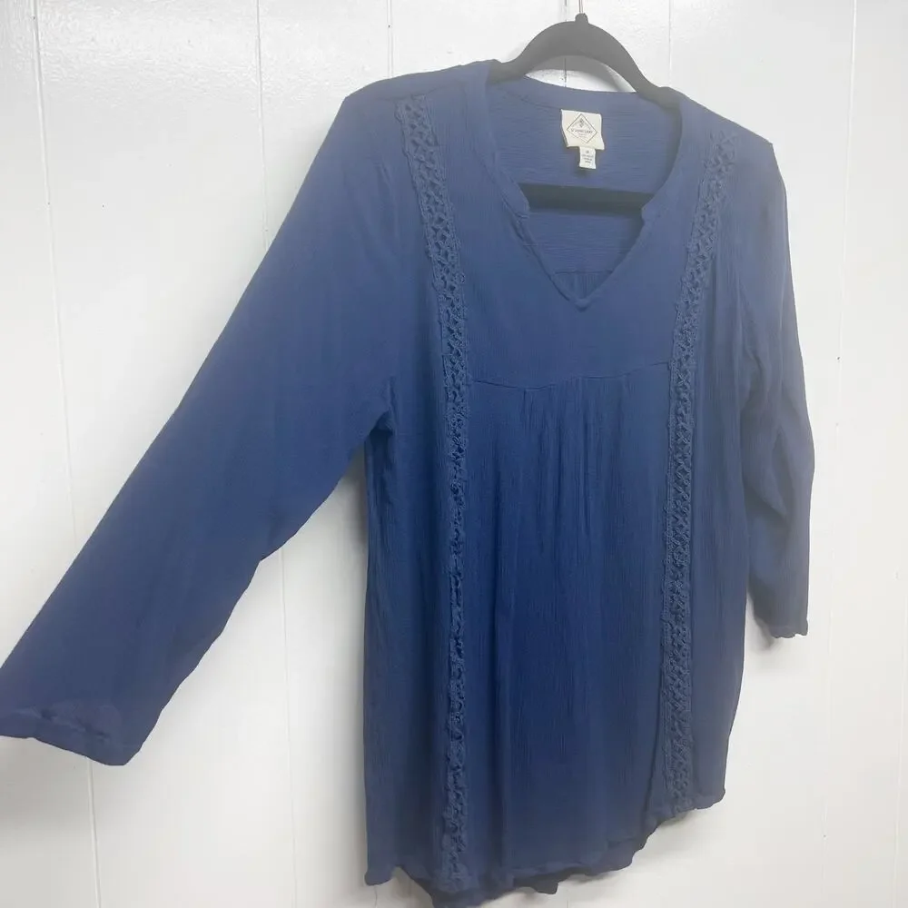 St. John's Bay V-Neck 3/4 Sleeve Navy Blue Women's Top Size Medium Crochet - Picture 5 of 11